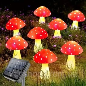 Декоративная гирлянда «Мухоморы» с солнечной батареей, 8 режимов свечения 6 шт