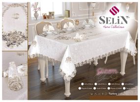 Велюрова скатертина Selin Gizem Set 160×300+12 серветок Бежева