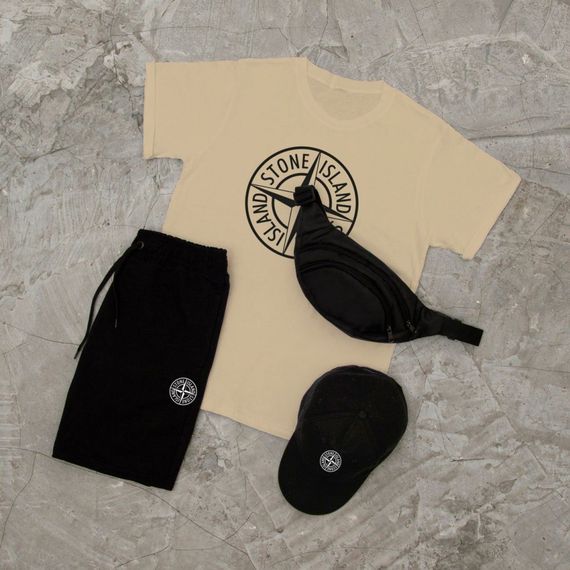 Костюм футболка + шорти + кепка та бананка Stone island колір бежевий/чорний