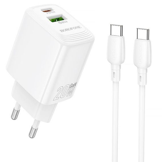 МЗП Borofone BN27 Fuente PD20W+QC3.0 (1USB-A/1C) + кабель Type-C to Type-C White