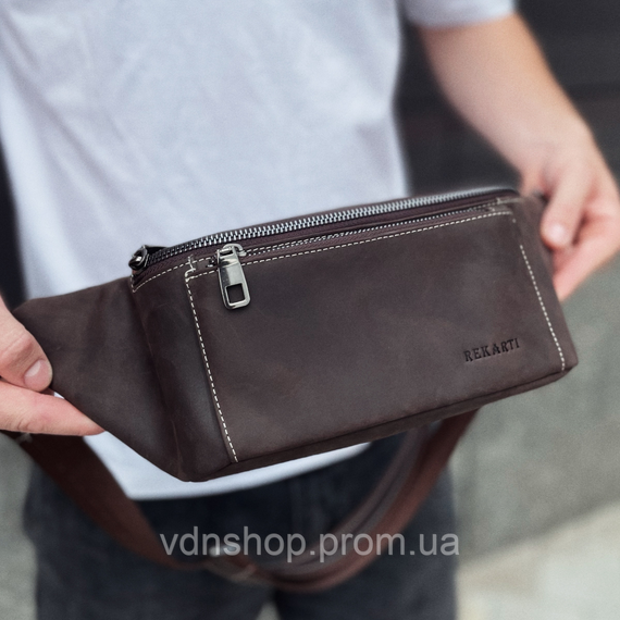 Сумка-бананка из кожи 24х11х8, мужской крези хорс для гаджетов на пояс CH-7371 коричневая
