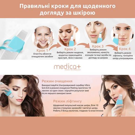 Скрабер Ультразвуковий для обличчя шкіри Medica+ Vibroskin 8.0 (Японія) | Зображення 8