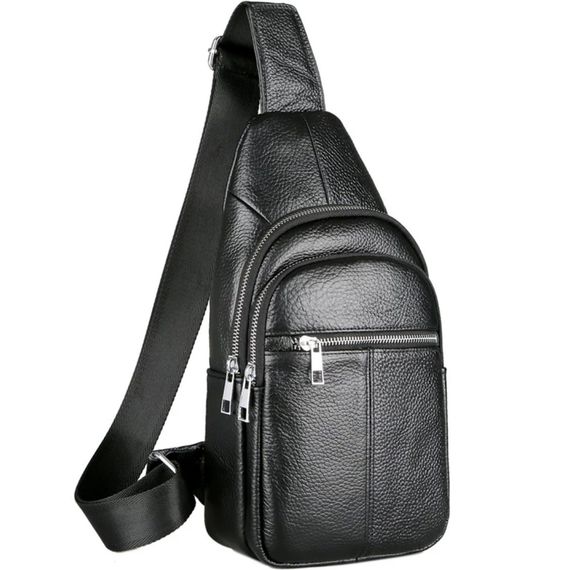 Мужской кожаный слинг сумка-рюкзак через плечо черная TIDING BAG-MK 83423