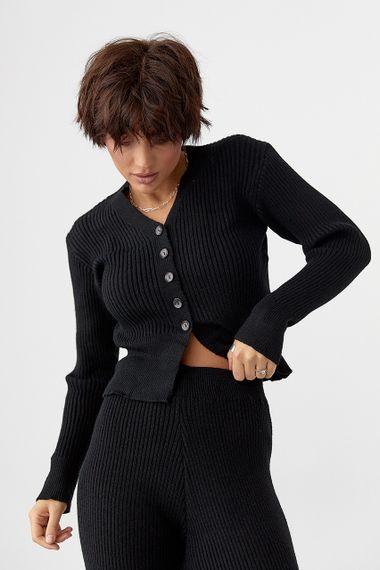 Трикотажний костюм у рубчик із кардиганом і штанами палаццо - чорний цвет, ONE SIZE (є розміри) | Зображення 2