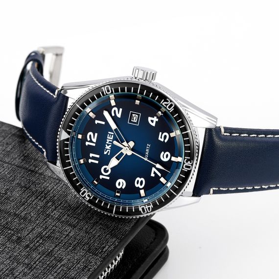 Чоловічий годинник Skmei 9232LSIBU Silver-Blue-Leather Strap | Зображення 3