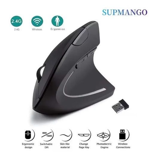 Беспроводная вертикальная компьютерная мышь SUPMANGO 1600 DPI 6 кнопок Черная | Зображення 3