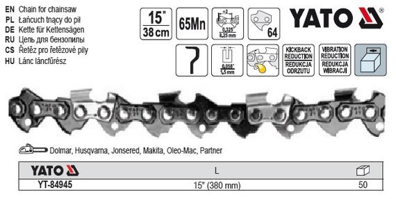 Ланцюг для пили 15"/38 см 64 ланки 0.325"/8.25мм Т-0.05"/1.3мм YATO YT-84945 | Зображення 1