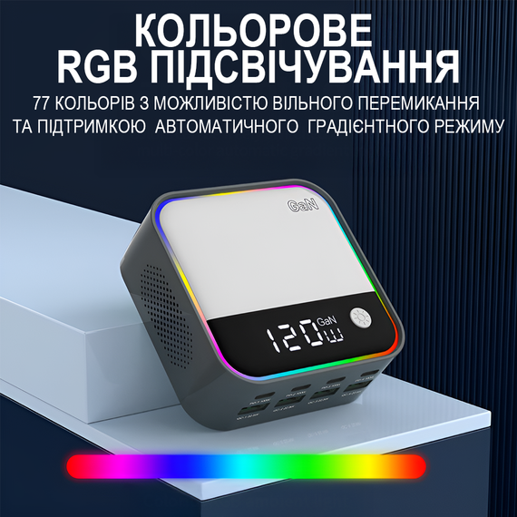 8в1 Многопортовое зарядное устройство Addap MCS-M8, док-станция для зарядки на 4 порта Type-C PD + 4 USB-A, с цветной RGB подсветкой, GaN 120W | Зображення 1