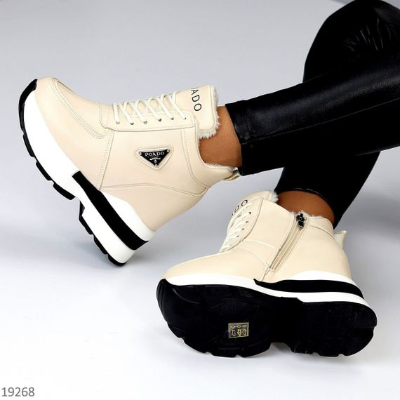 Молодіжні бежеві зимові снікерси на платформі танкетці | Зображення 2