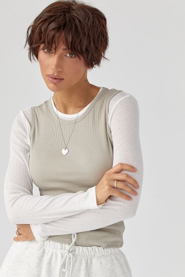 Двошаровий лонгслів у рубчик з імітацією жилетки - сірий цвет, L (є розміри) | Зображення 4