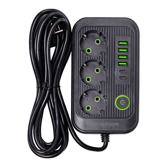 Мережевий фільтр кабель 3.8 м подовжувач F16 на 3 розетки з USB портами та кнопкою відключення Чорний HP-5-20