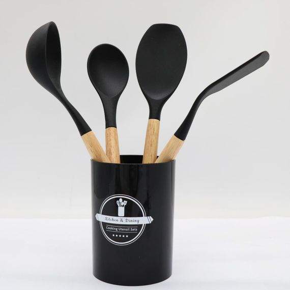 Набор кухонных принадлежностей из 12 предметов Kitchen Set, Черный / Силиконовый кухонный набор с подставкой | Зображення 7