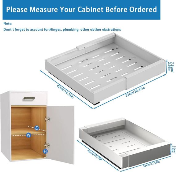 Телескопічна висувна шухляда 32-52 см для шафи, кухні, мийки, ящик органайзер для спецій посуду приборів, білий на клейкій основі | Зображення 4