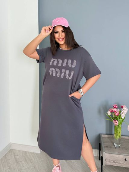 Женское платье-футболка длинное с коротким рукавом, больших и батальных размеров IS873, цвет серый, размер 54/56 | Зображення 1
