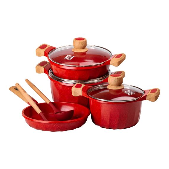 Набор посуды, 3 кастрюли, толстодонное алюминиевое дно MGC с лопаткой и половником, красный HP-4-401R