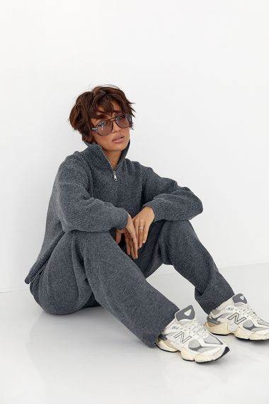 В'язаний костюм зі светром із блискавками та прямими штанами - сірий цвет, ONE SIZE (є розміри)