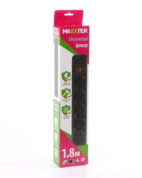 Мережевий фільтр Maxxter SPM5-G-6В чорний, 1.8 м кабель, 5 розеток | Зображення 1