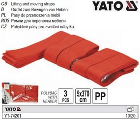 Ремені для перенесення меблів YATO : 2 - для spini, 1 - для перенесення, 5 x 370 см, 3 шт YATO-74261