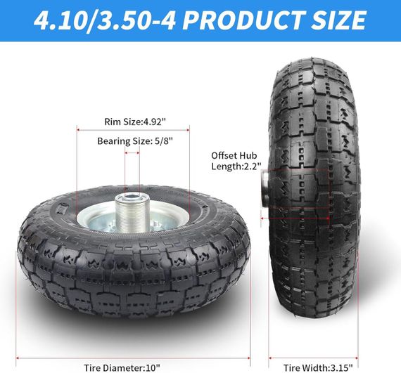 Пневматическое колесо RRQ 10" 2 шт с шиной 4.10/3.50-4 подшипником 5/8" для тележек техники генератора техники | Зображення 3