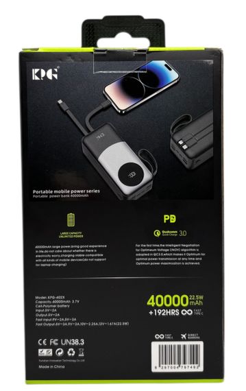 Power Bank 40000 mAh 22,5W QC потужний з кабелями KPG-402X зарядка зовнішній акумулятор павербанк швидка зарядка | Зображення 6