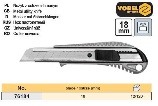 Ніж пістолетний профі висувне лезо 18 мм корпус метал VOREL-76184