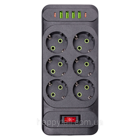 Сетевой фильтр удлинитель 3 м на 6 розеток 4 USB 2 Type-C и кнопкой отключения HP-5-15 | Зображення 2