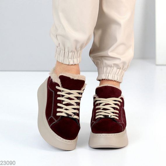Бордовые зимние прошитые кроссовки натуральная замша на бежевой платформе | Зображення 9