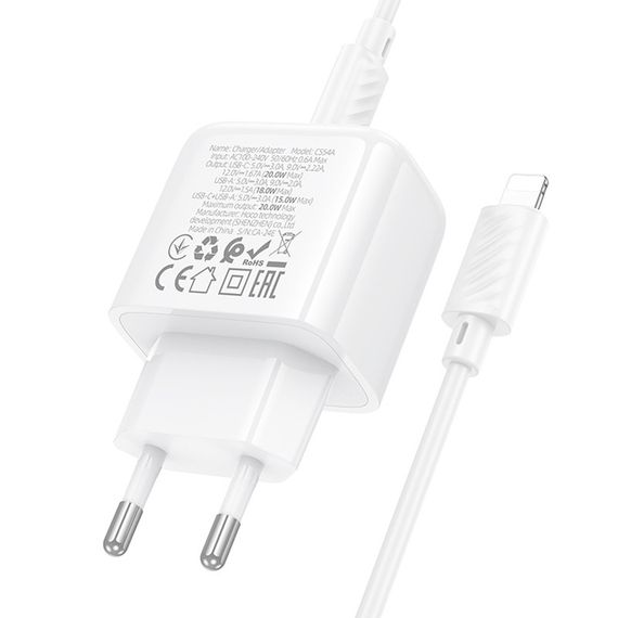 МЗП Hoco CS54A Surplus PD20W+QC3.0 (1USB-A/1C) + кабель Type-C to Lightning White | Зображення 6