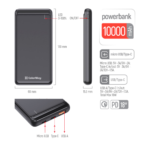 Павербанк 10000 mAh ColorWay CW-PB100LPG3BK-PD 18W QC+PD slim світлодіодний індикатор чорний | Зображення 7