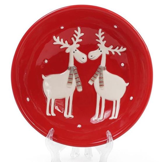 Набір 4 керамічні піали "Олені в шарфиках на червоному" 350мл