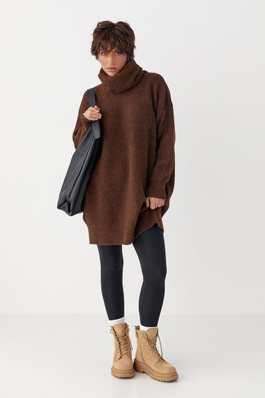 Жіноча в'язана туніка з високою горловиною - коричневий цвет, ONE SIZE (є розміри) | Зображення 2