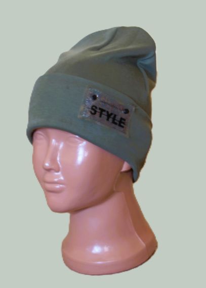 Шапка дитяча 5-12 років 52-54см подвійна с емблемою хакі Style з відворотом весна/осінь бавовна | Зображення 5