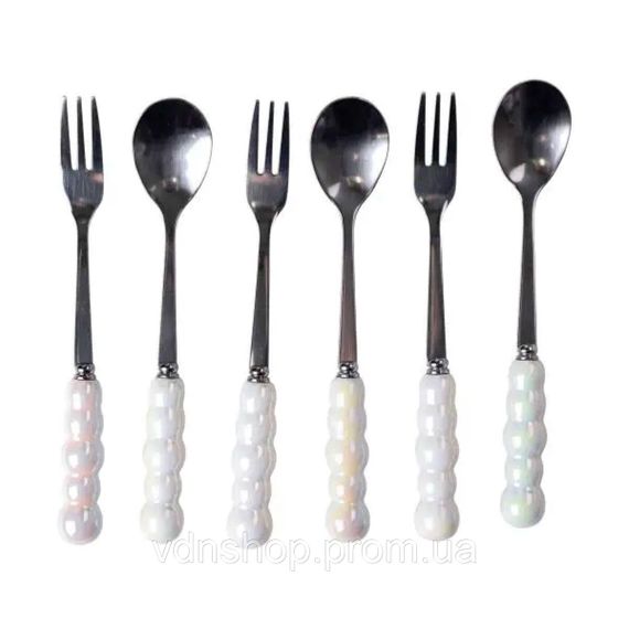 Набір десертних виделок і ложок на 3 персони з підставкою з порцелянау 7 предметів Перламутровий HP-20-62 | Зображення 3