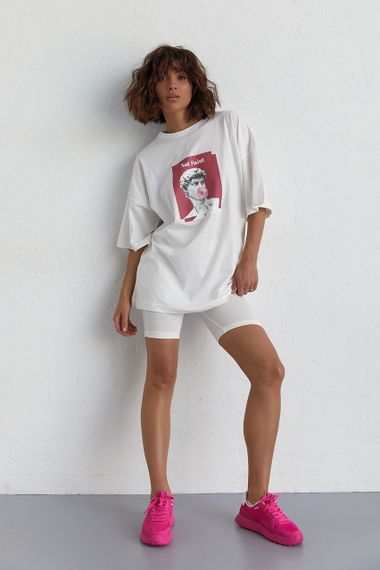 Женский костюм с футболкой oversize и велосипедками - молочный цвет, M (есть размеры) | Зображення 5