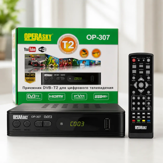 Цифровий ТВ тюнер Operasky OP-307 Full HD Т2 ефірний ресивер для телевізора приставка з Wi-Fi Чорний