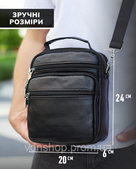 Мужская сумка-барсетка кожаная 22х24х8 / мессенджер на одно плечо для города и путешествий, черный | Зображення 2