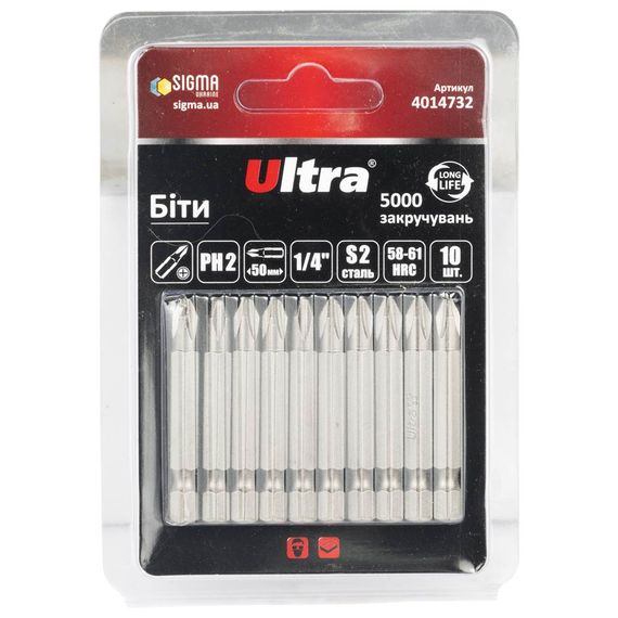 Набір біт Ultra PH2×50мм ¼" 10шт S2 (блістер) 4014732