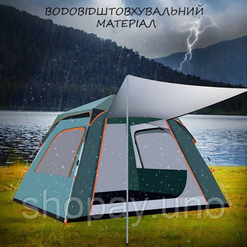 Квадратная туристическая палатка с тентом 3-х местная / Палатка-автомат быстрого раскладывания с москитной сеткой Зеленый | Зображення 4