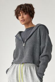 В'язаний короткий кардиган з довгим коміром - сірий цвет, ONE SIZE (є розміри)