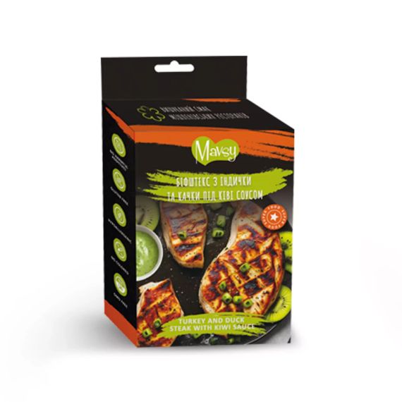 Ласощі для собак від 3-х місяців Mavsy Refined jerky TURKEY AND DUCK STEAK WITH KIWI SAUCE біфштекс з індички та качки під ківі со