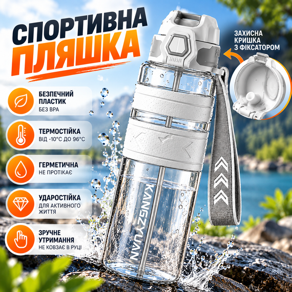 Спортивная бутылка KANGZYUAN 500 мл белая Tritan BPA-free ударопрочная эко-бутылка с антискользящими вставками | Зображення 5