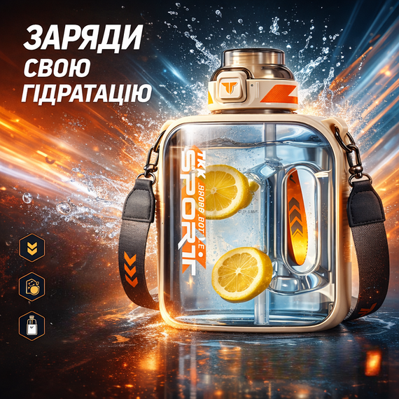 Спортивная бутылка для воды TKK Sport 1000 мл из Тритана (BPA Free), белая квадратная бутылка с трубочкой и ремешком | Зображення 6