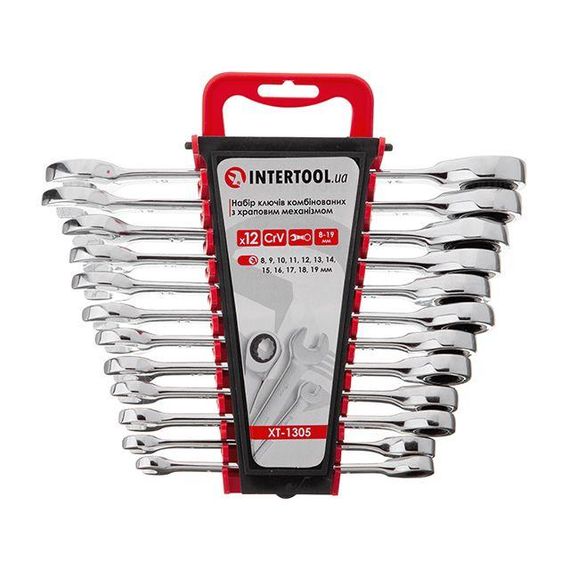 Набір ключів комбінованих, з тріскачкою, 12 шт., 8-19 мм, Cr-V, професійний, DIN3113 INTERTOOL XT-1305