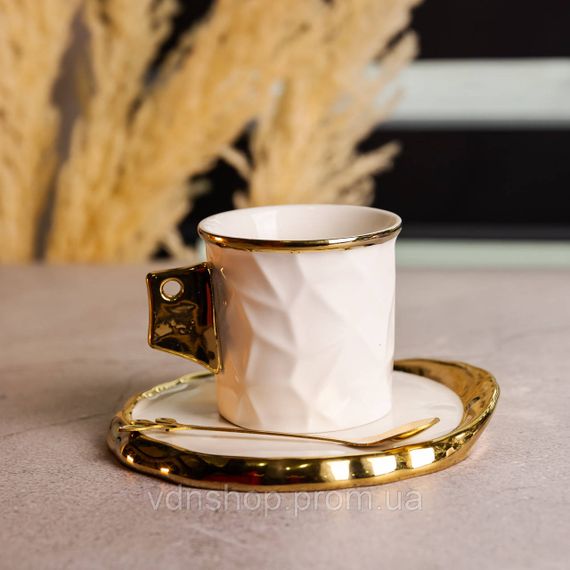 Чашка фарфоровая для кофе 200 (мл) с блюдцем и ложкой, красивая чашка в подарок Белый с золотом FM-1B | Зображення 1