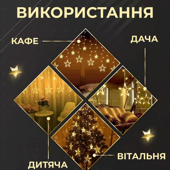 Гірлянда штора 3х0,7 м Зірки на 108 LED лампочок світлодіодна 6 великих та 6 маленьких зірок 9В 8 режимів Жовтий 1733056Y | Зображення 2