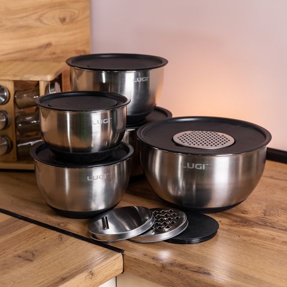 Набір мисок з нержавіючої сталі 5 штук з кришками і терками салатники з нержавійки 5/4/ 2.5/2/1.5 л LG-01/5PCS | Зображення 3