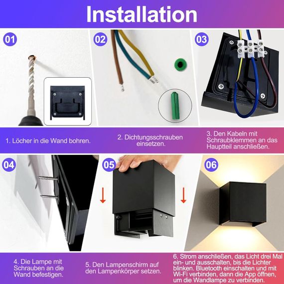 Настінний світильник світлодіодний смарт SNADER 6W LED RGB WiFi квадратний для дому та вулиці, управління додатком та голосом | Зображення 6