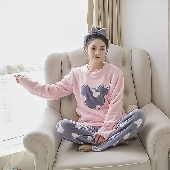 Женская пижама Lesko Mickey Mouse Pink + Gray L теплая зимняя для дома | Зображення 7