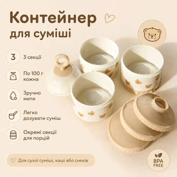 Розбірний контейнер для дитячої суміші 3 секції по 100 г, дозатор для сухої суміші, каші та снеків з медведиком | Зображення 2