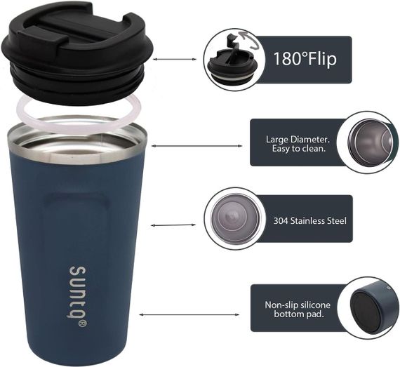 Термочашка Suntq 380 мл из нержавеющей стали, темно-синяя, кофейная кружка, термокружка с герметичной крышкой | Зображення 1